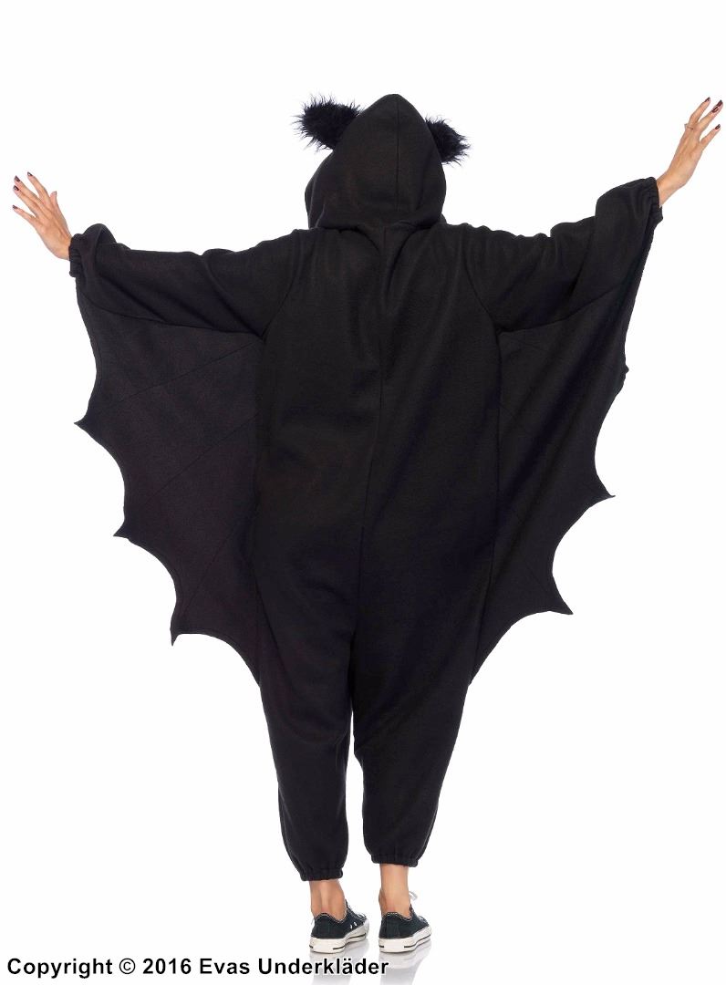 Female bat, costume kigurumi jumpsuit, hood, front zipper, wings, ears
